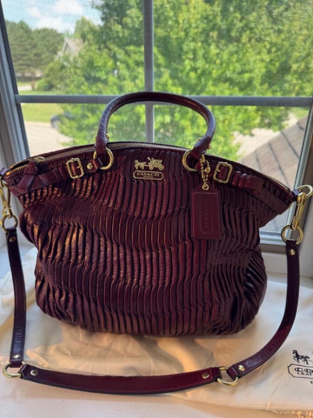 Coach Madison Gathered Leather Lindsey Satchel Burgundy Pristine 18643 Dust Bag
